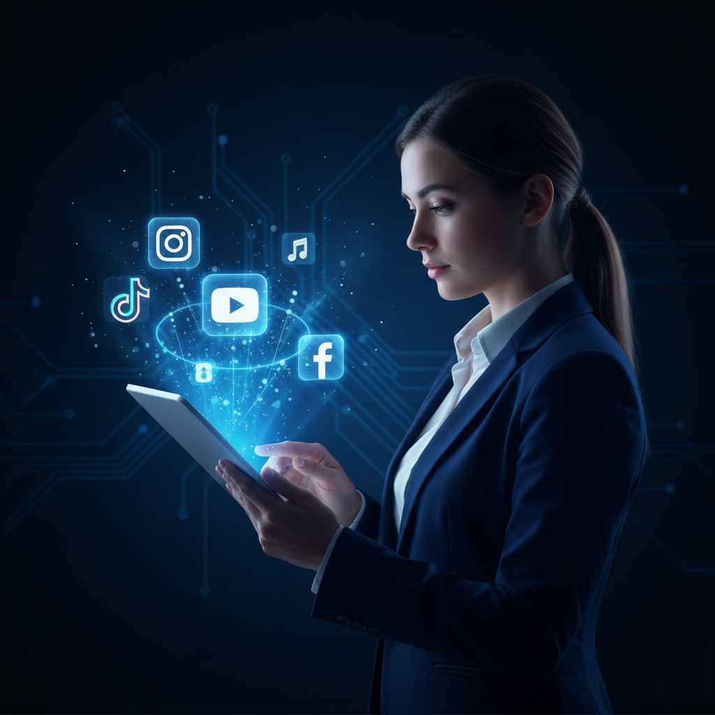 Profissional usando tablet com ícones de redes sociais